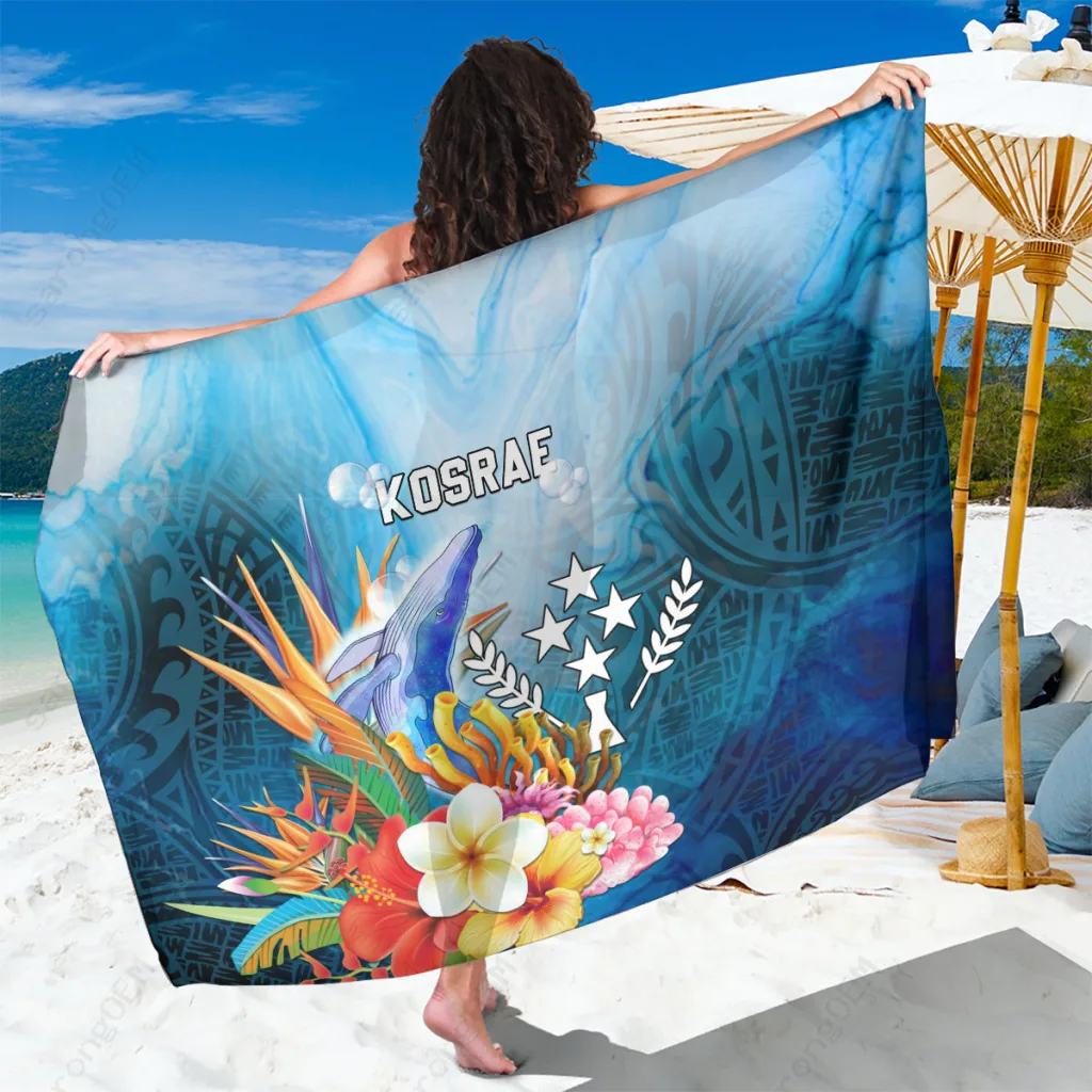 Deep Blue Tropical Flower Humpback Whale Print Sarong Polynesian Beach Wrap Cover Up OEM Pareo