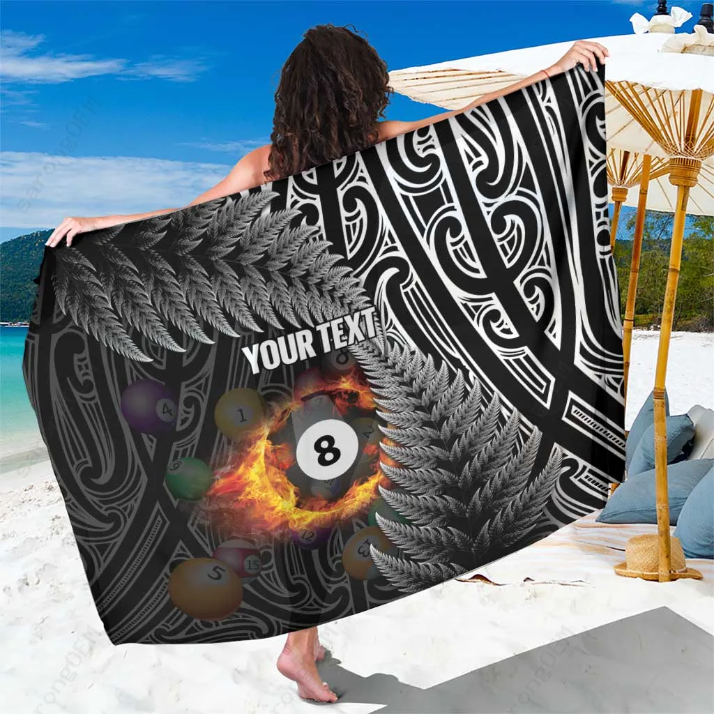 Black Custom New Zealand Billiards Maori Fern On Fire Print Sarong Polynesian Tribal Beach Wrap Wholesale Pareo - main view