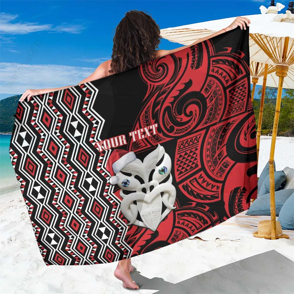 Red Green Christmas Sarong Maori Kiwi Taniko Print Beach Wrap Polynesian Holiday Pareo Wholesale - main view