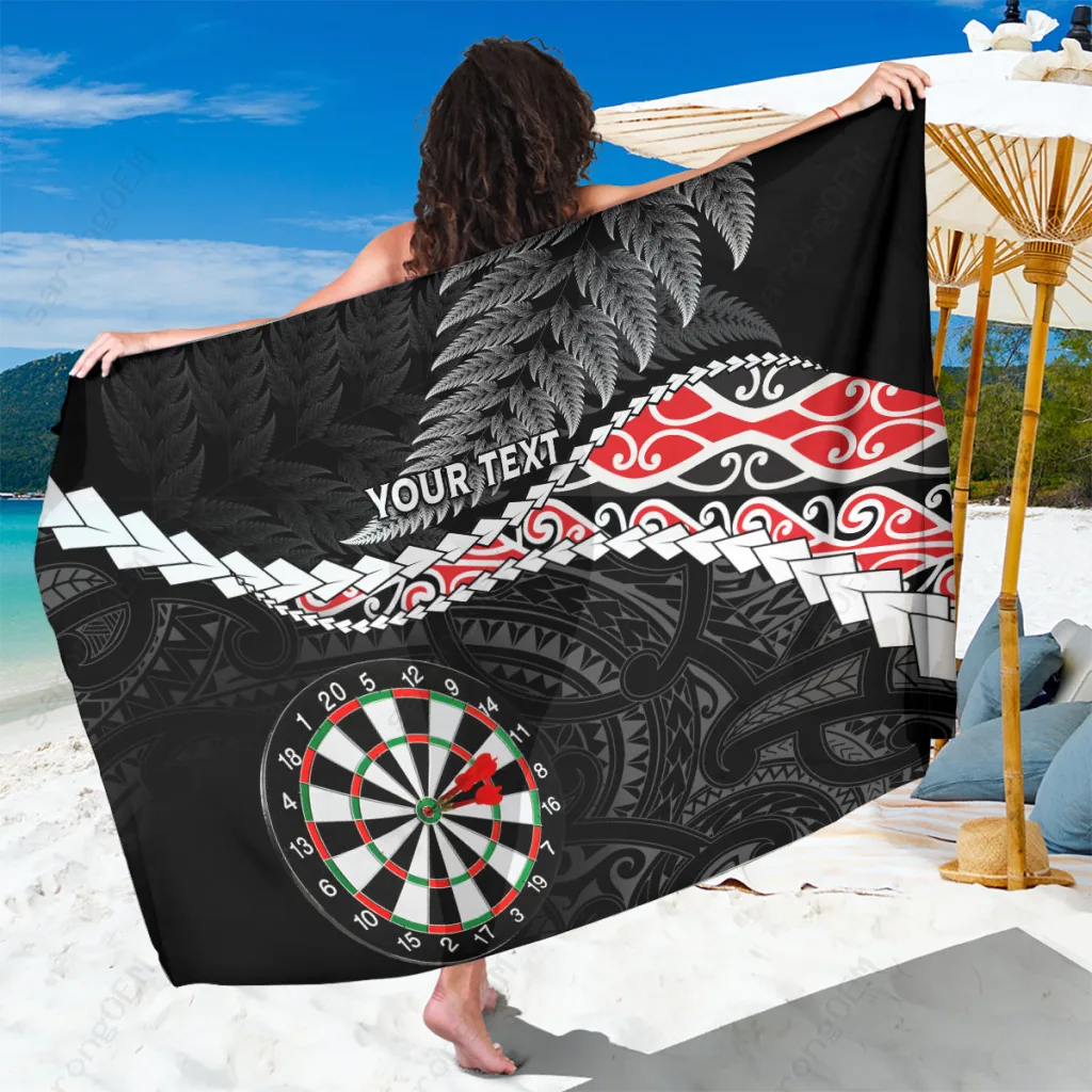 Black Personalized New Zealand Darts Maori Manaia Tribal Print Sarong Polynesian Beach Wrap Wholesale Pareo - main view