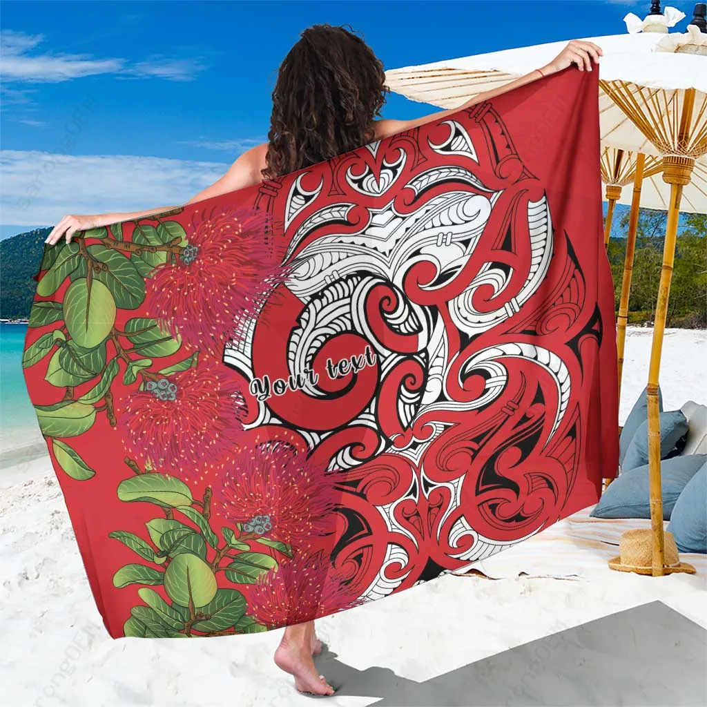 Red Christmas Pohutukawa Koru Silver Fern Print Sarong Polynesian Beach Wrap Wholesale Pareo - main view