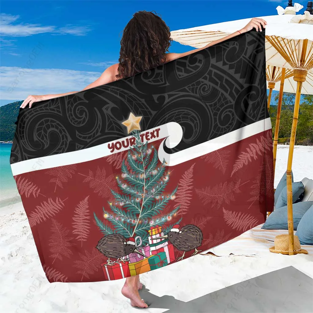 Green Silver Fern Kowhai Xmas Red Pattern Maori Print Sarong Beach Wrap Polynesian Holiday Resort Cover Up Wholesale Pareo - related