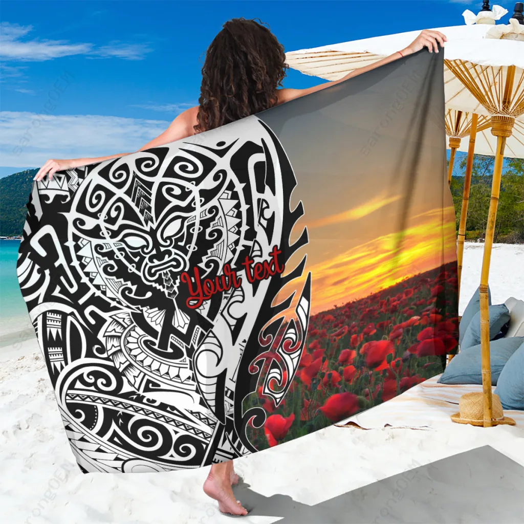 Navy Blue Anzac Day Silver Fern Tribute Print Sarong South Pacific Beach Wrap Wholesale Pareo