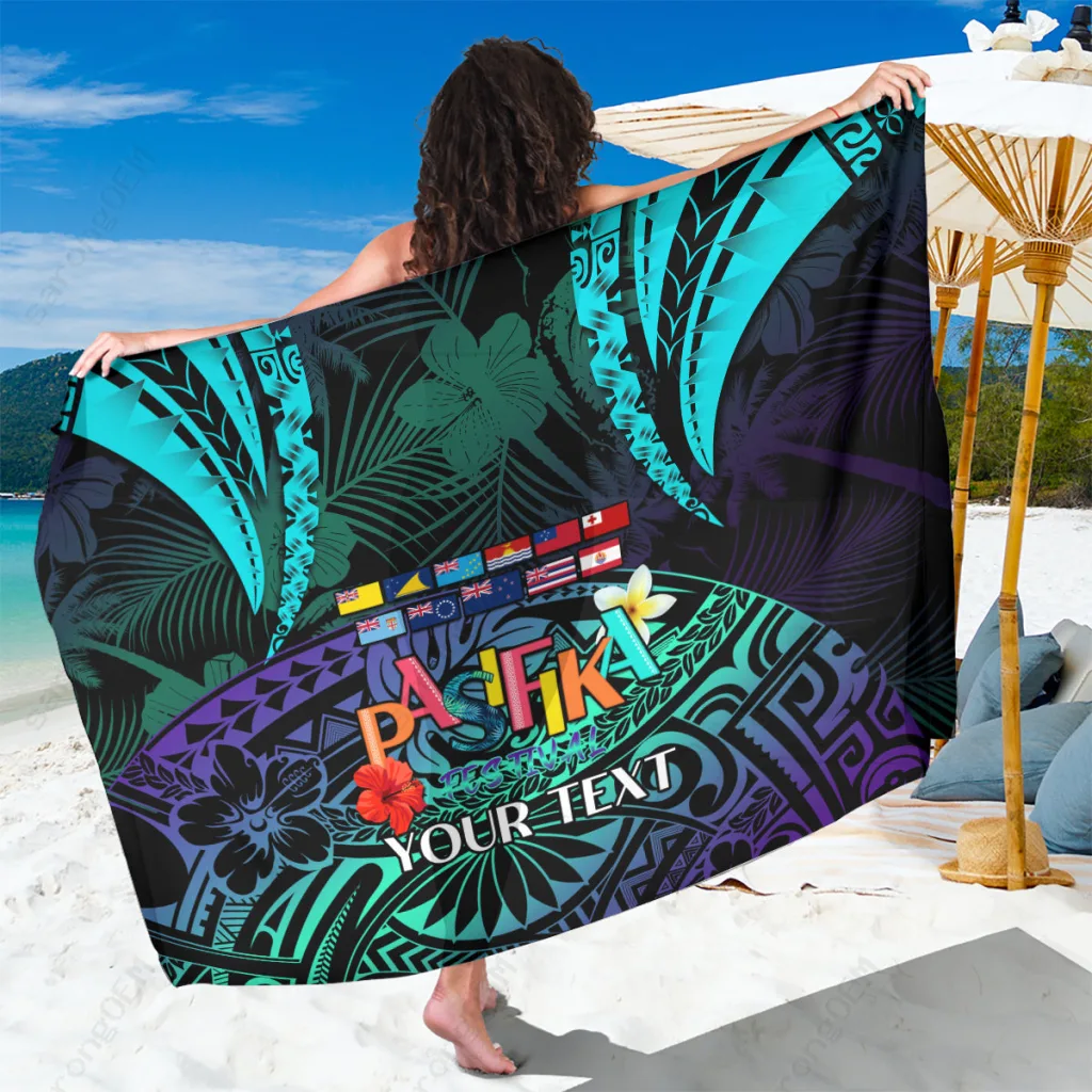 White Polynesian Turtle Hibiscus Print Sarong Beach Wrap Pacific Islands Festival Cover Up Wholesale Pareo - main view
