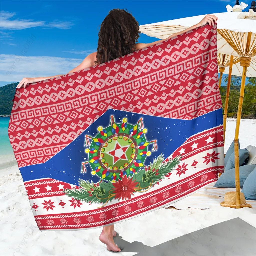 Red Green Christmas Parol Palm Leaf Print Sarong Filipino Maligayang Pasko Beach Wrap Wholesale Pareo - main view