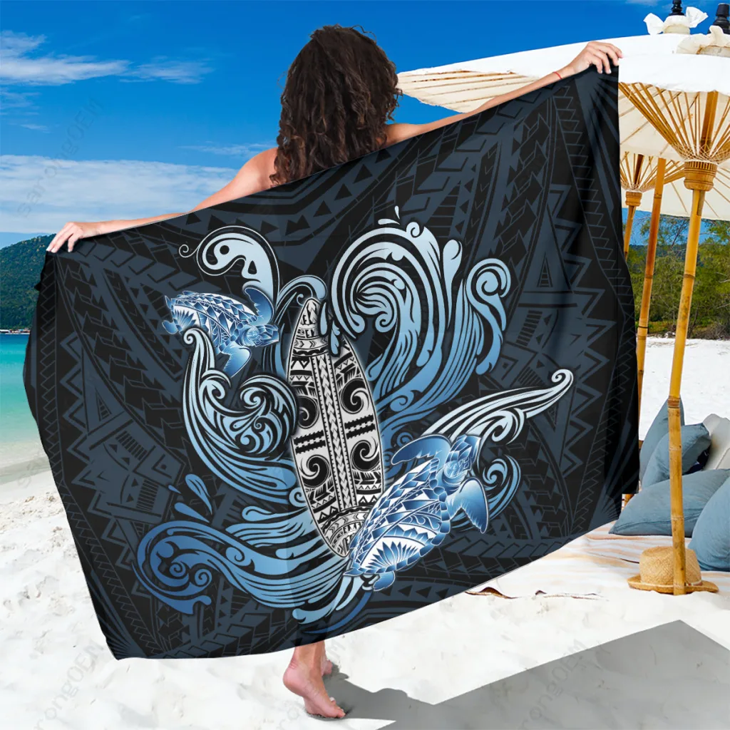 Blue Wave Polynesian Surf Print Sarong Beach Wrap Island Holiday Cover Up Wholesale Pareo