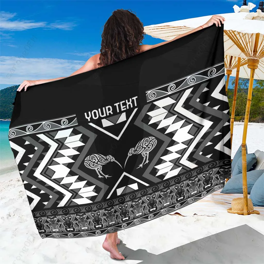 Monochrome Taniko Kowhaiwhai Kiwi Print Sarong Polynesian Beach Wrap Resort Cover Up OEM Pareo - main view