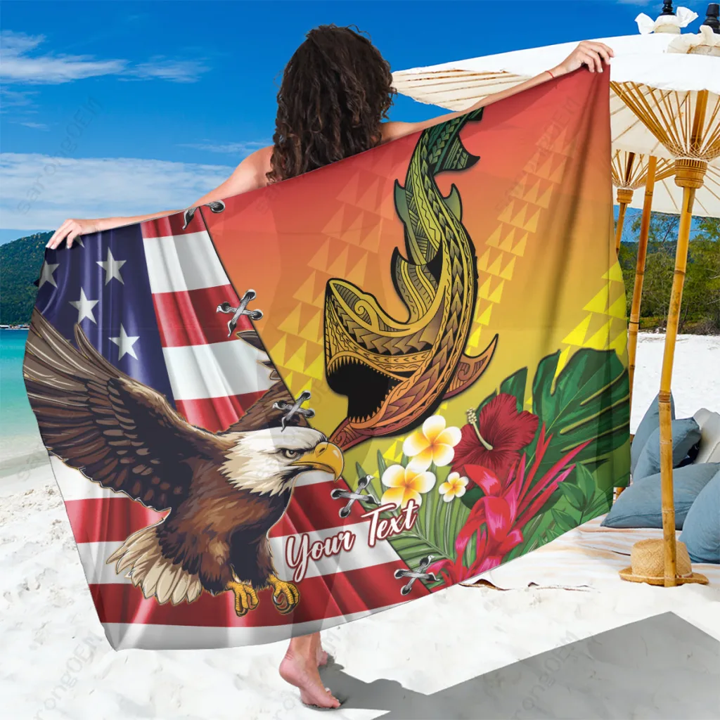 USA Eagle Hawaiian Shark Tattoo Print Sarong Beach Wrap Polynesian Style Cover Up Wholesale Pareo - main view