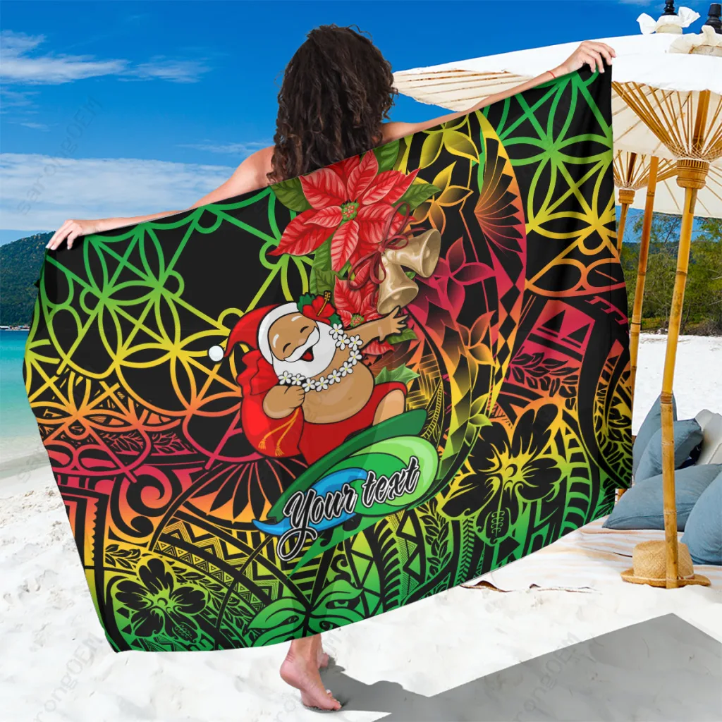 Red Green Vanuatu Christmas Santa Snowman Print Sarong South Pacific Holiday Beach Wrap Wholesale Pareo - main view