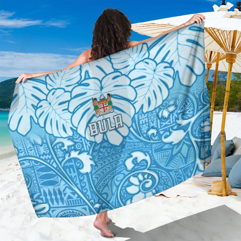 Blue Fiji Tapa Pattern Turtle Hibiscus Print Sarong South Pacific Beach Wrap Wholesale Pareo - main view