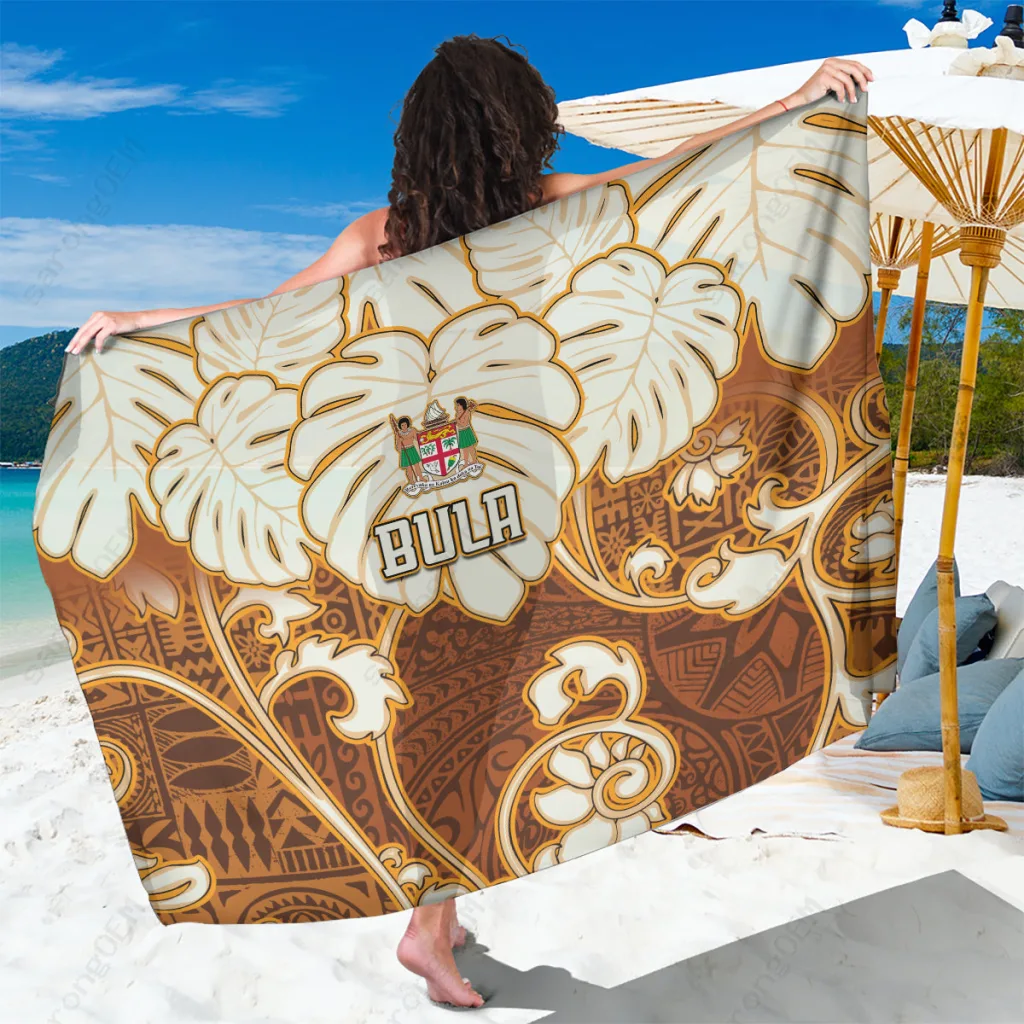 Brown Fiji Tapa Pattern Mandala Tropical Floral Print Sarong Beach Wrap Polynesian Island Pareo Wholesale - main view