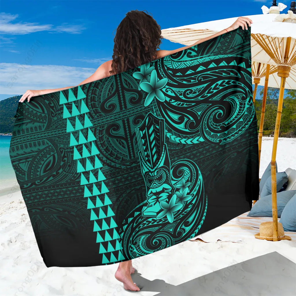 Turquoise Polynesian Tribal Turtle Hibiscus Print Sarong Hawaii Beach Wrap Pareo Custom OEM - main view