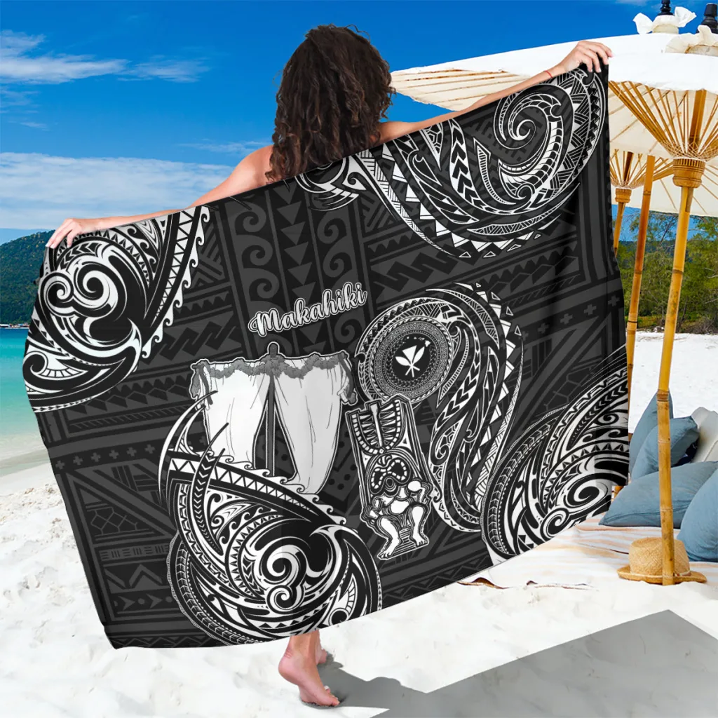 Black Gold Tribal Turtle Hibiscus Plumeria Print Sarong Polynesian Hawaii Beach Wrap Pareo Wholesale - main view