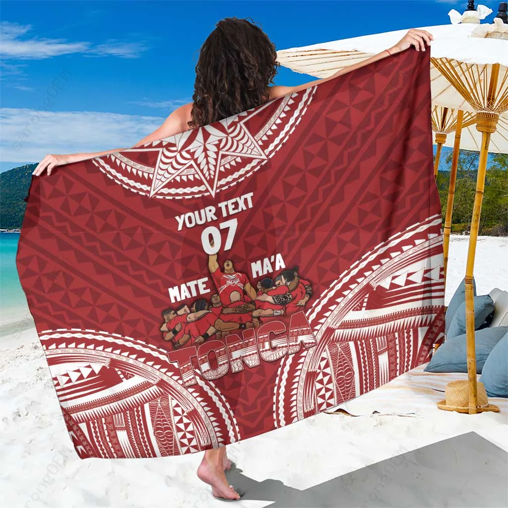 Red Personalized Mate Maa Tonga Rugby Sarong Ofa Atu Tonga with Flag and Tribal Print, Beach Wrap Cover Up for Resort, Wholesale Pareo - main view