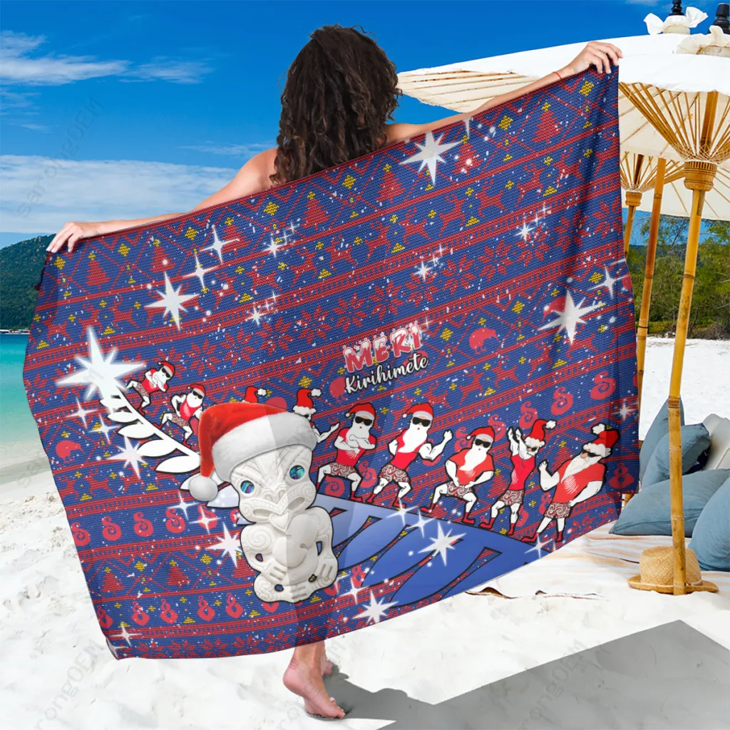 Red Black Tiki Christmas Fern Haka Santa Sarong Polynesian Beach Wrap Wholesale Pareo - main view