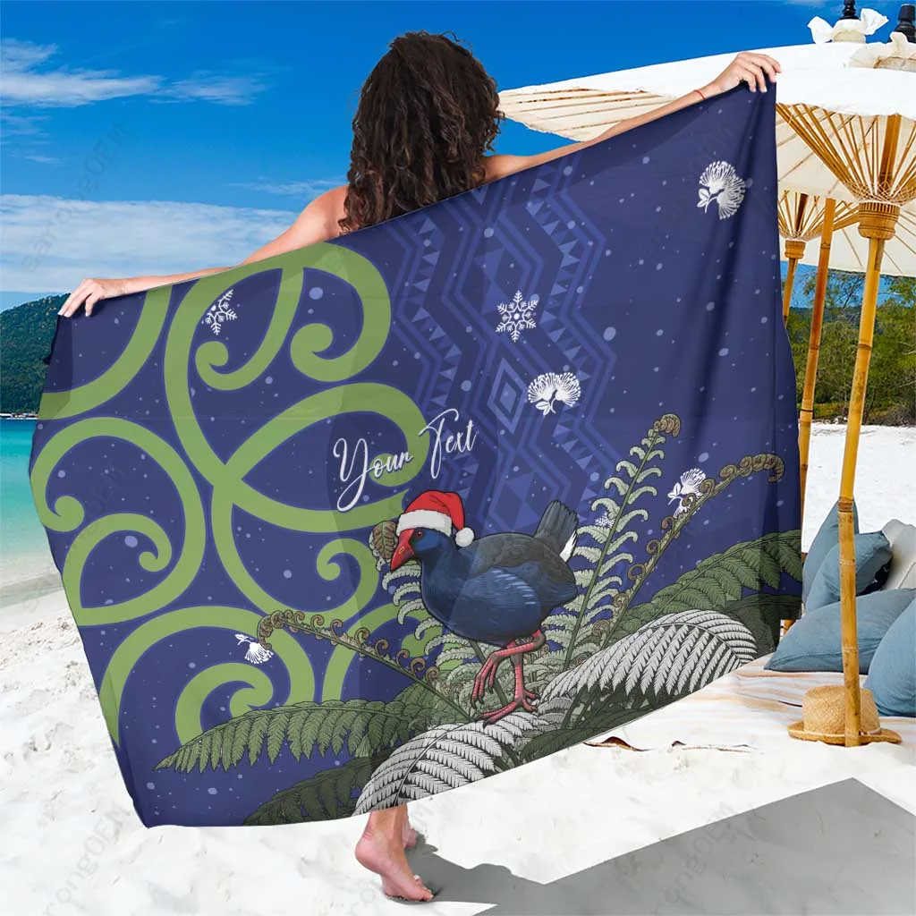 Blue Christmas Pukeko Fern Taniko Sarong Polynesian Beach Wrap Pareo OEM Custom