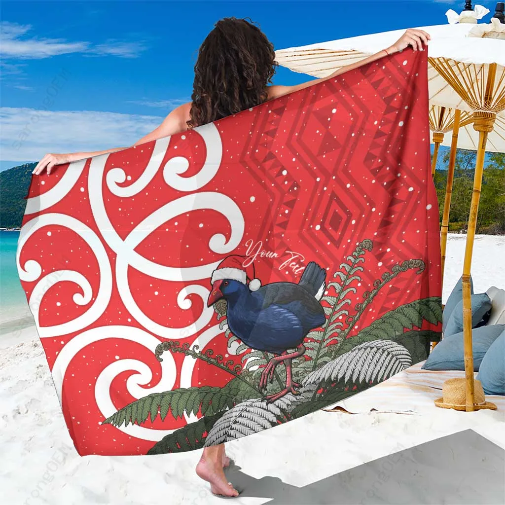 Red Tropical Pukeko Koru Taniko Print Sarong Polynesian Beach Wrap Pareo Wholesale Custom