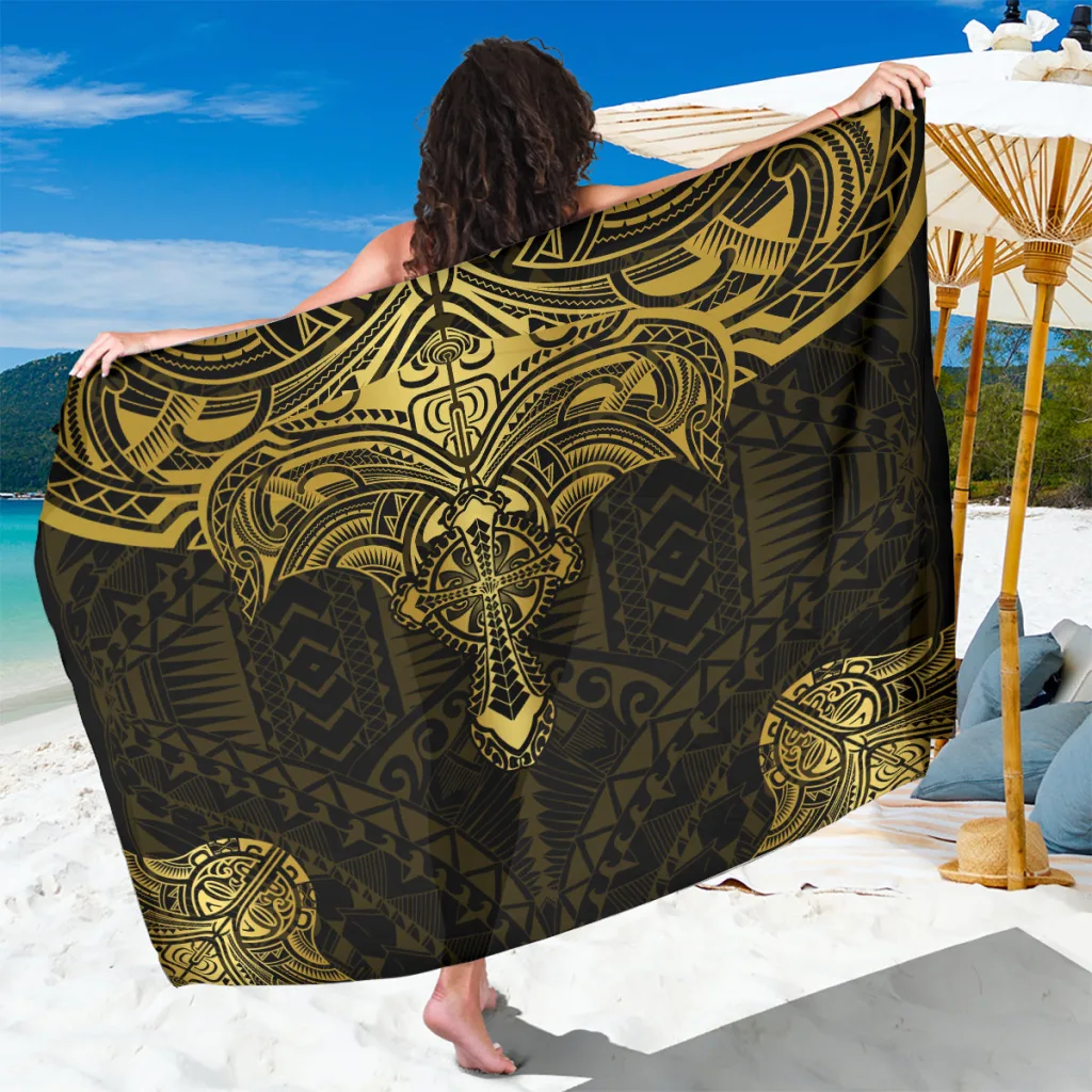 Light Blue Gold Christian Cross Polynesian Tribal Palm Print Sarong Beach Wrap Pareo for Resort Hotel Wholesale - main view