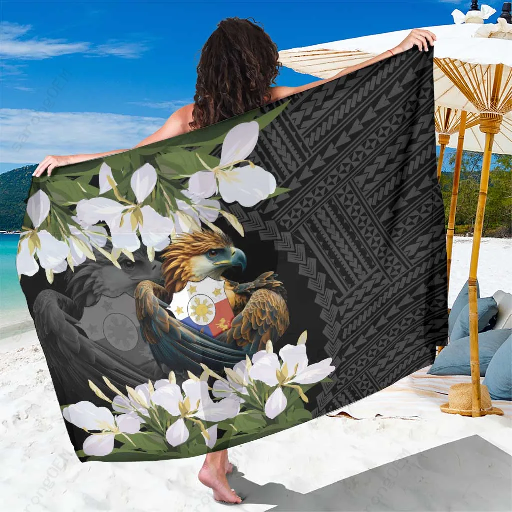 Navy Philippines Eagle Coat of Arms Sampaguita Jasmine Print Sarong Tropical Island Beach Wrap Cover Up Wholesale Pareo - main view