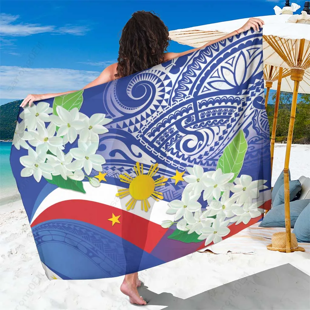 Light Yellow Philippines Flag Sampaguita Jasmine Tribal Print Sarong Polynesian Beach Wrap Wholesale Pareo - main view