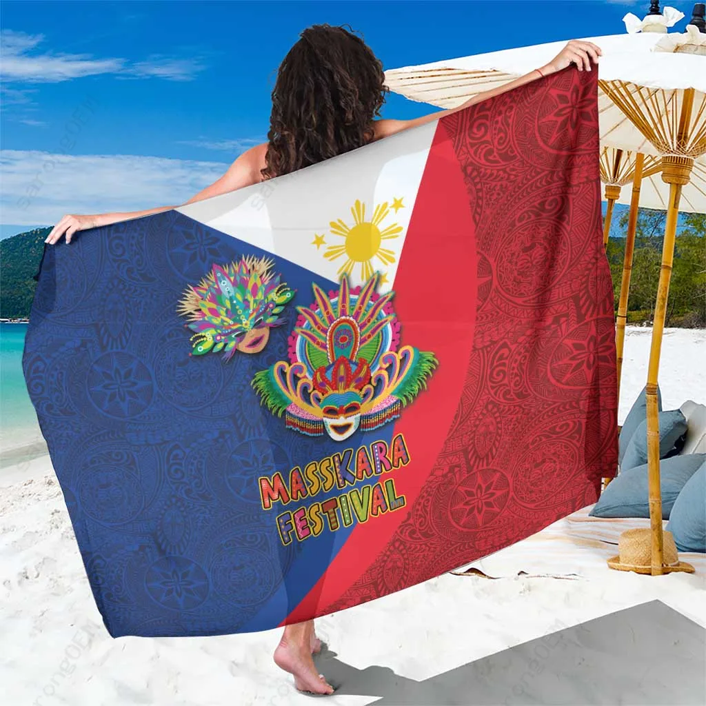 Colorful Mask & Polynesian Pattern Printed Sarong Philippines Masskara Festival Beach Wrap Pareo Wholesale - main view