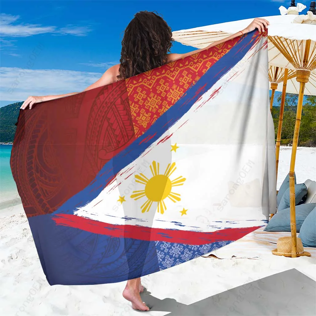 Navy Blue Polynesian Tribal Turtle Hibiscus Print Sarong Philippines Flag Day Beach Wrap Pareo Wholesale - main view