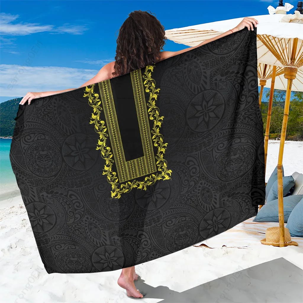 Black Polynesian Floral Pattern Sarong Beach Wrap Tropical Island Resort Pareo Wholesale - main view
