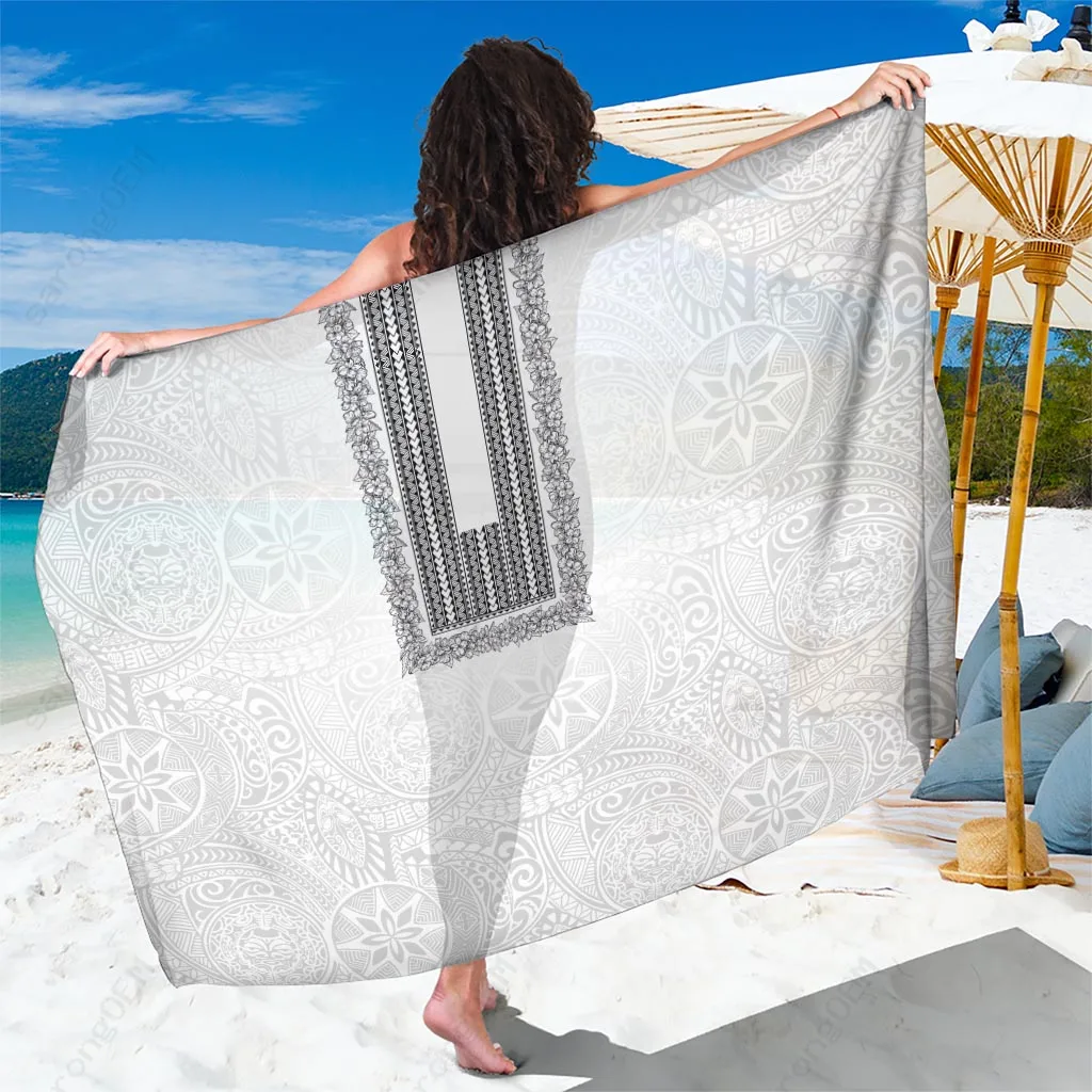 White Polynesian Jasmine Pattern Sarong with Barong Tagalog Style Beach Wrap Pareo for Resort Wholesale - main view