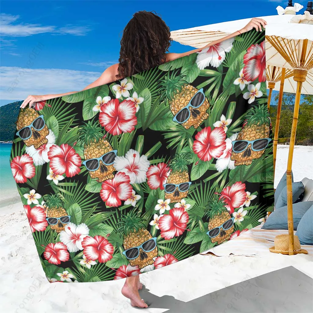 Yellow Pineapple Skull Hibiscus Print Sarong Aloha Hawaii Tropical Summer Beach Wrap Wholesale Pareo - main view