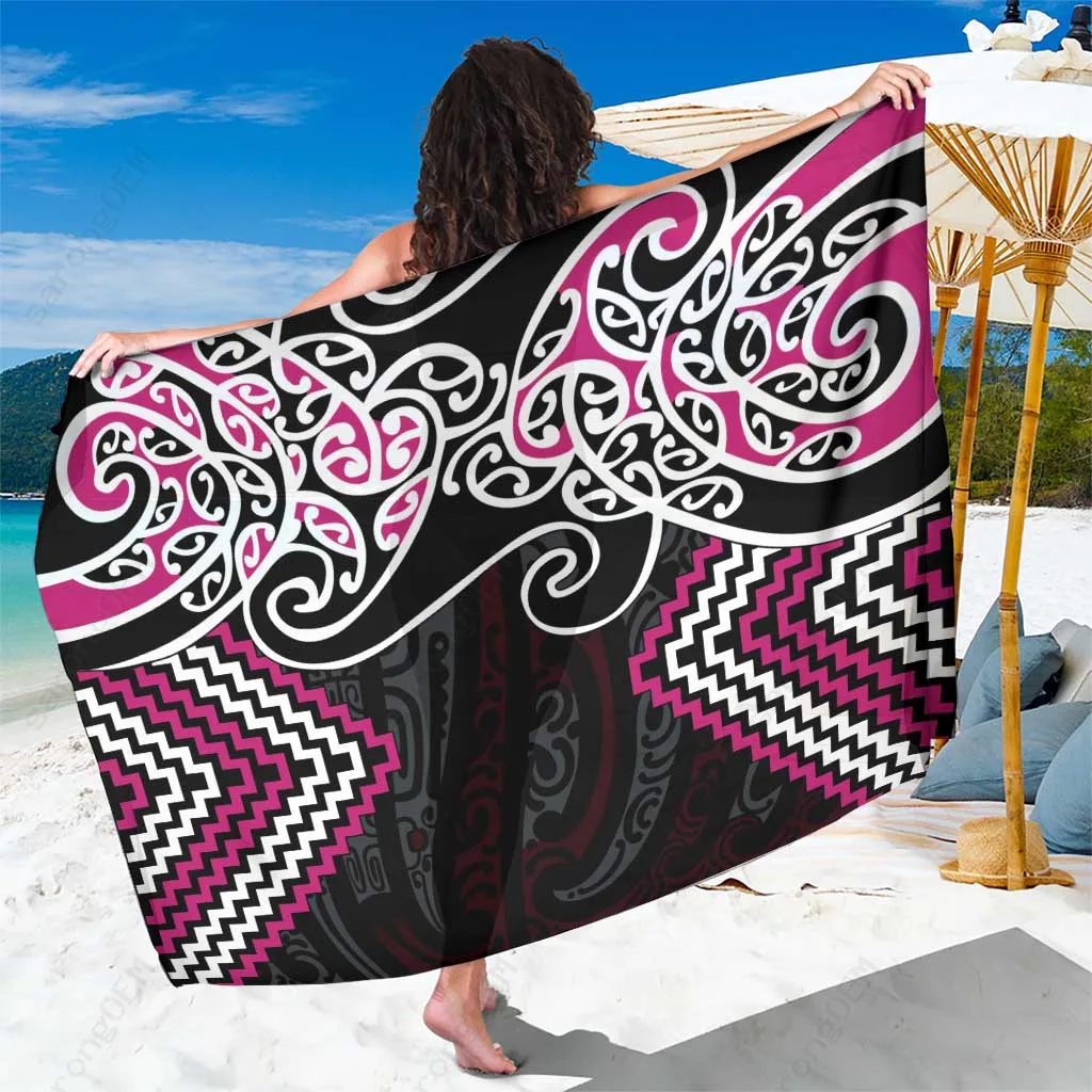 Pink Aotearoa Tukutuku Manawa Tapu Sarong Ta Moko Toi Maori Floral Tribal Print Beach Wrap Wholesale Pareo - main view
