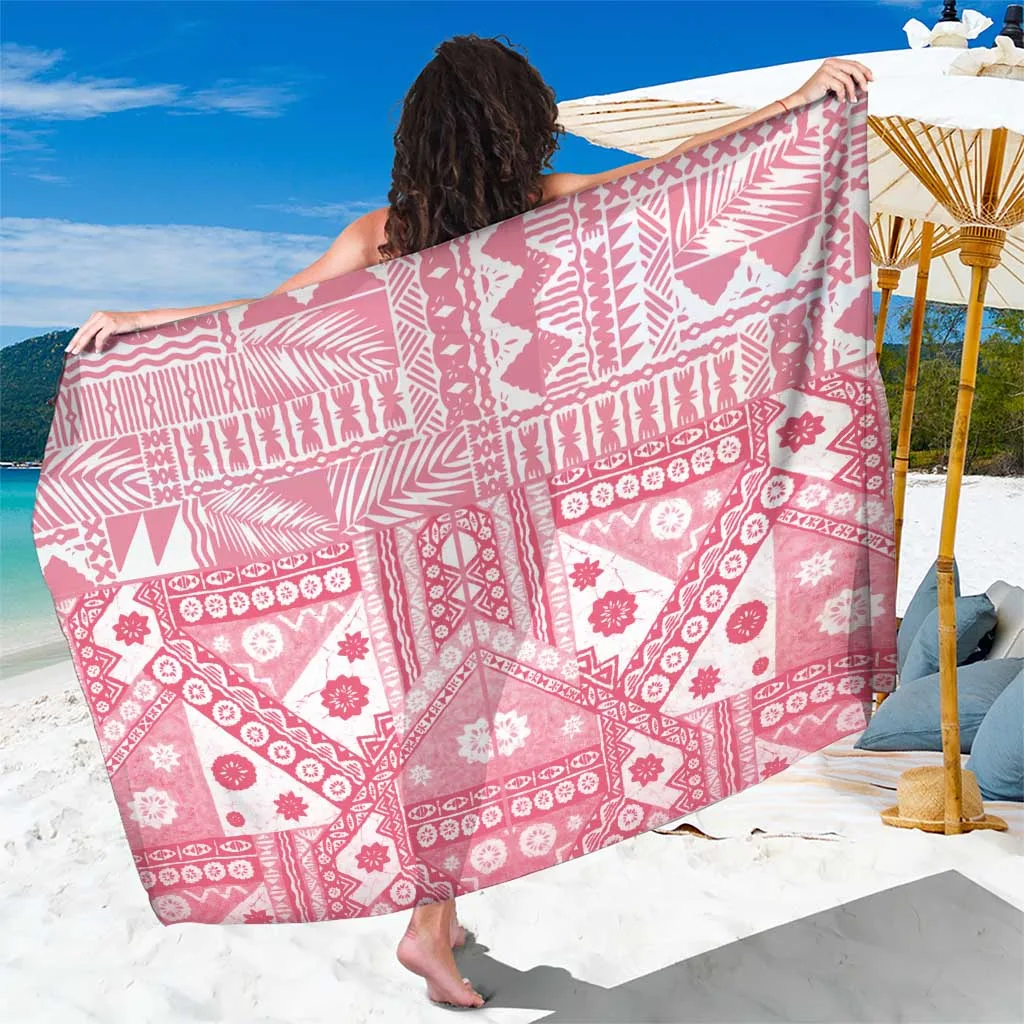 Pink Bula Fiji Masi Tapa Pattern Sarong with Hibiscus and Frangipani Print, South Pacific Beach Wrap for Resort Hotel, Wholesale Pareo - main view