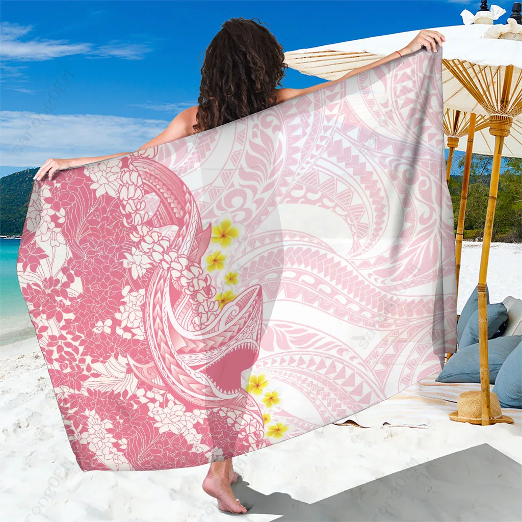 Pink Plumeria Hibiscus Tribal Print Sarong Hawaiian Polynesian Beach Wrap Cover Up Wholesale Pareo - main view