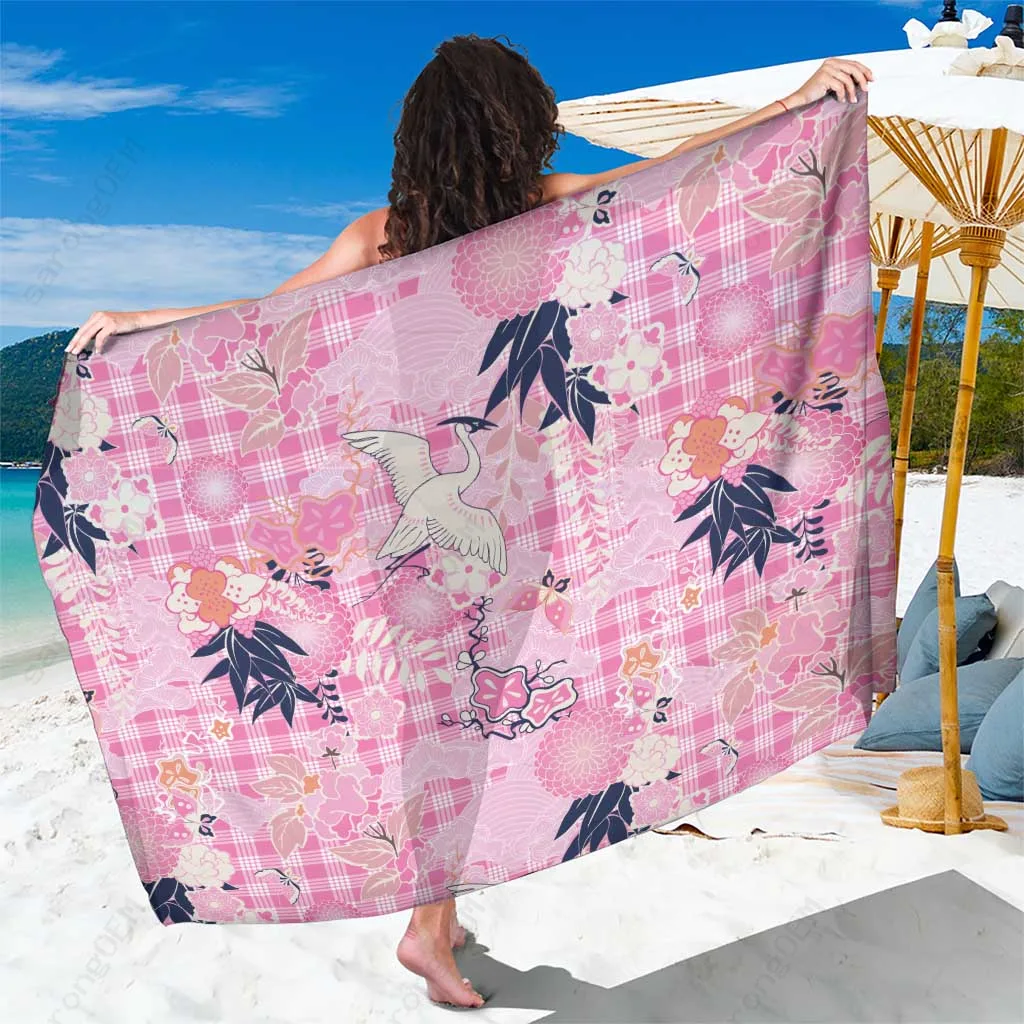 Pink Palaka Crane & Flowers Print Sarong Japan Heritage Beach Wrap Pareo Wholesale - main view