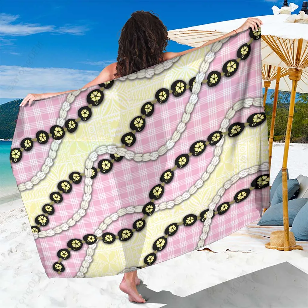 Pink Palaka Hawaii Sarong with Kukui Nut Pikake Lei Hawaiian Tapa Pattern Beach Wrap Cover Up Wholesale Pareo - main view