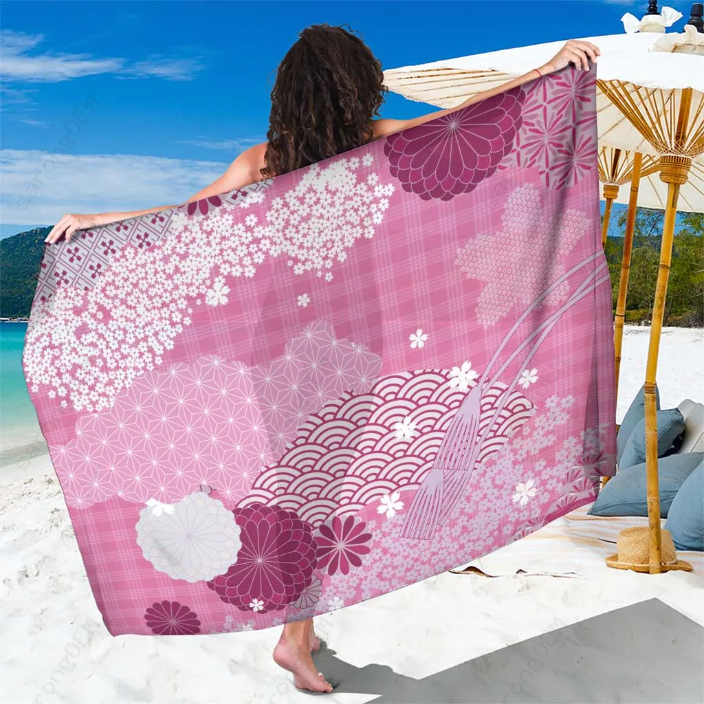 Pink Japanese Asanoha Seigaiha Sakura Pattern Print Sarong Polynesian Beach Cover Up Wholesale Pareo - main view
