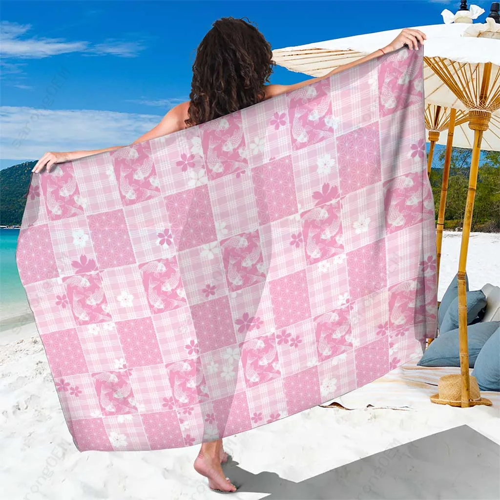 Pink Japanese Patterns Koi Fish Asanoha Sakura Patchwork Print Sarong Beach Wrap Resort Hotel Cover Up Wholesale Pareo - main view