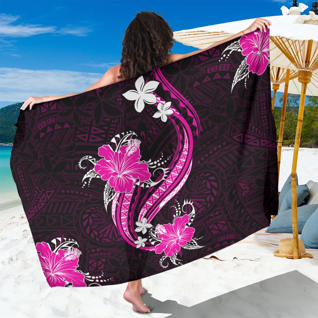 Pink Polynesian Pattern With Tropical Flowers Sarong - main view