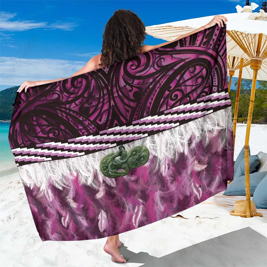 Pink Shell Bead Maori Paua Korowai Pattern Print Sarong Polynesian Beach Wrap Pareo Wholesale - main view