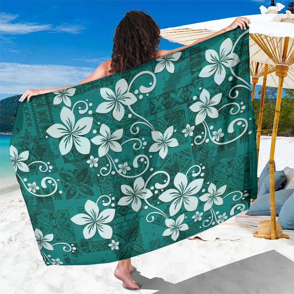 Teal Plumeria Floral Tapa Pattern Sarong Tropical Island Beach Wrap Wholesale Pareo - main view