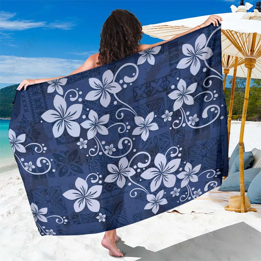 Navy Blue Plumeria Hibiscus Tribal Print Sarong Polynesian Tropical Beach Wrap Wholesale Pareo - main view