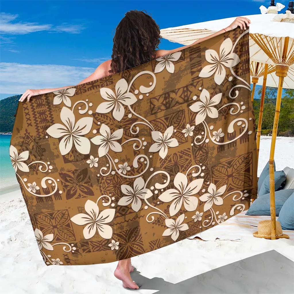 Gold Plumeria Floral Tapa Vintage Print Sarong Hawaiian Tropical Beach Wrap Pareo Wholesale - main view
