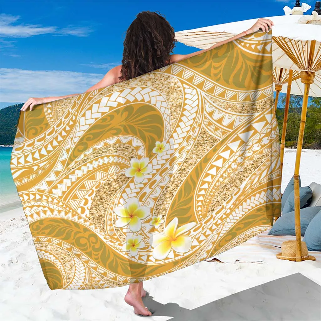Gold Plumeria Polynesian Glitter Print Sarong Beach Wrap Tropical Island Resort Cover Up Wholesale Pareo - main view