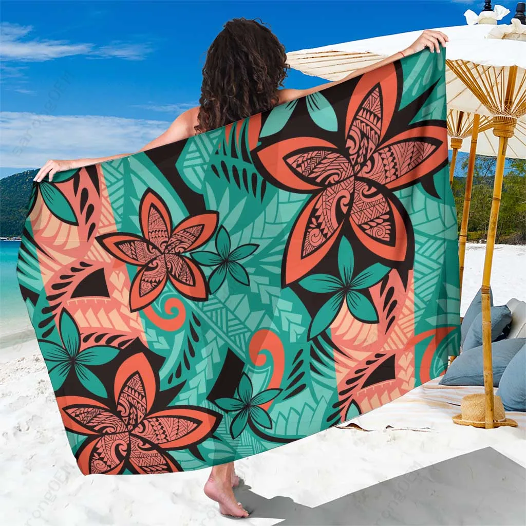 Orange Plumeria Polynesian Pattern Sarong Tropical Beach Wrap Pareo Wholesale Custom - main view