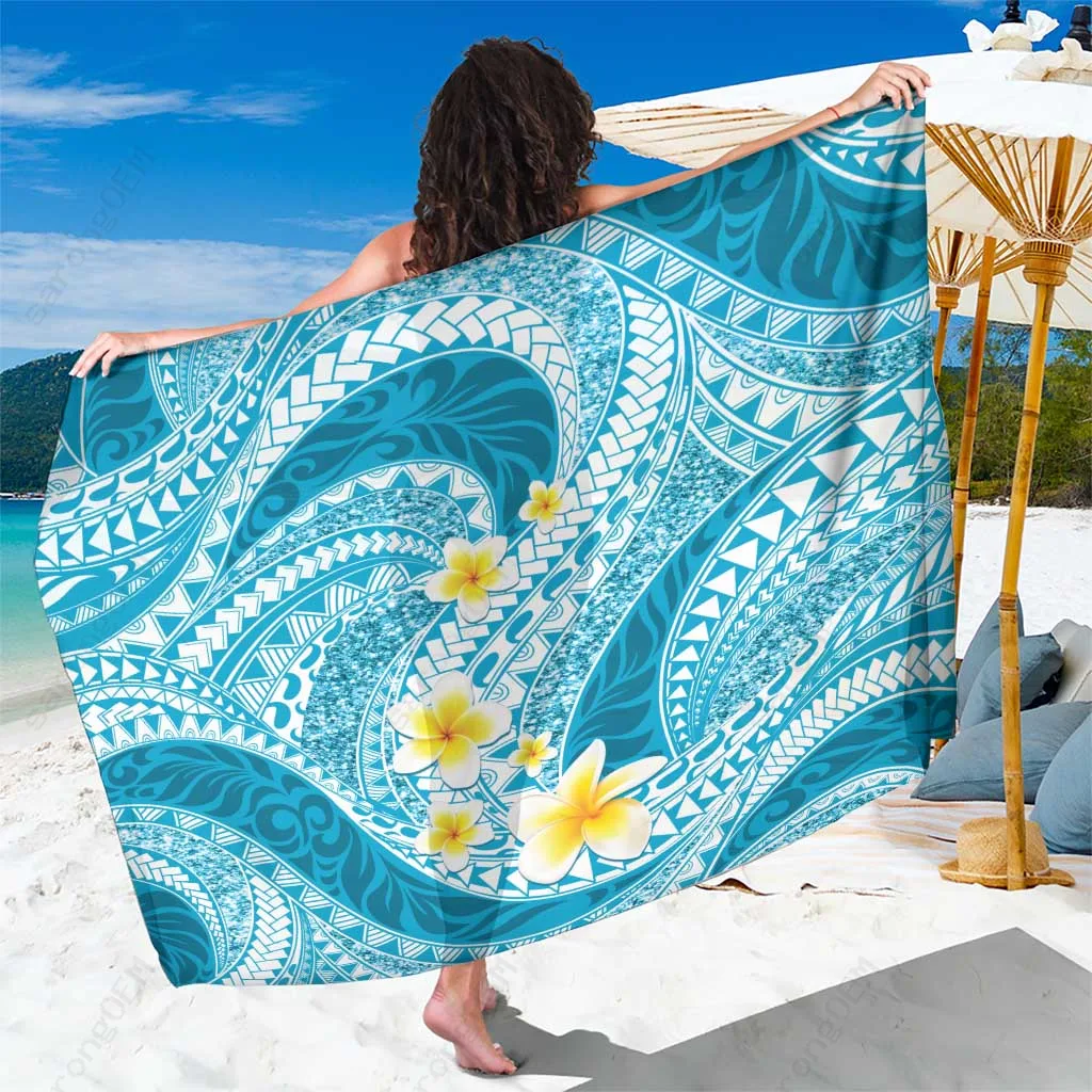Sky Blue Plumeria Polynesian Gold Glitter Print Sarong Beach Wrap for Resort Hotel Wholesale Pareo - main view