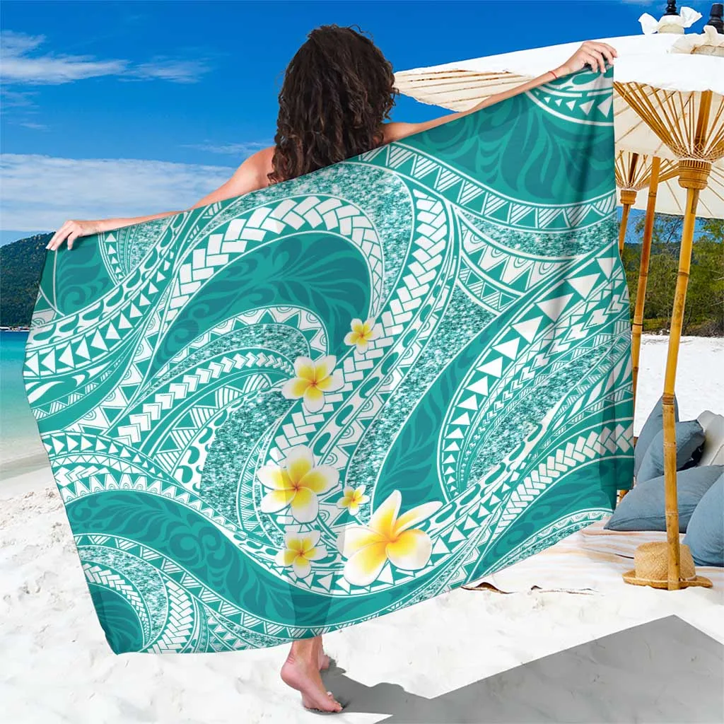 Teal Plumeria Polynesian Gold Glitter Print Sarong Beach Wrap Tropical Island Resort Pareo Wholesale - main view