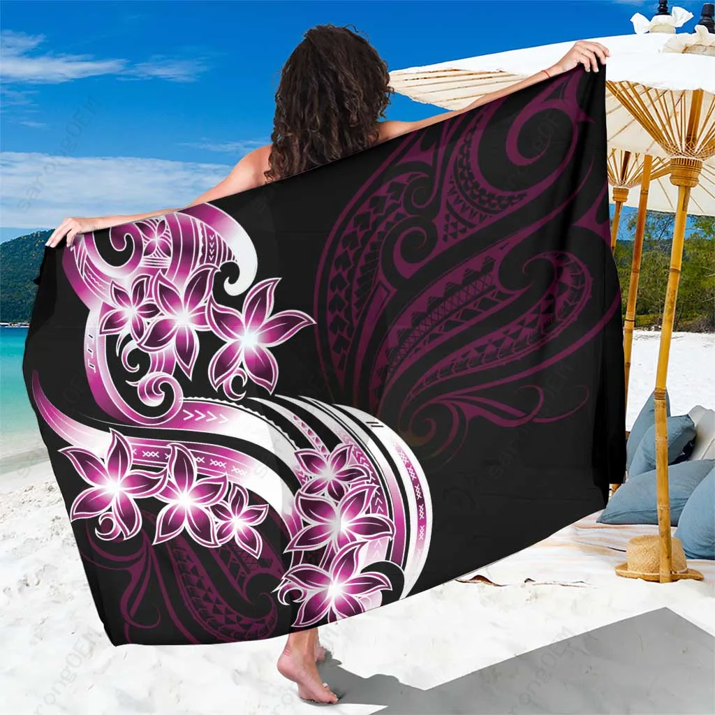 Pink Plumeria Tribal Tattoo Sarong Polynesian Pattern Beach Wrap for Resort Hotel Wholesale Pareo - main view