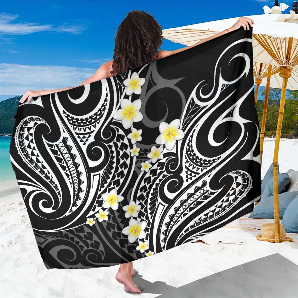 Plumeria With Black Polynesian Tattoo Pattern Sarong - main view