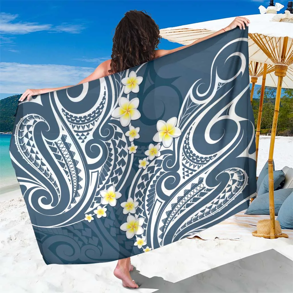 Plumeria With Blue Polynesian Tattoo Pattern Sarong - main view