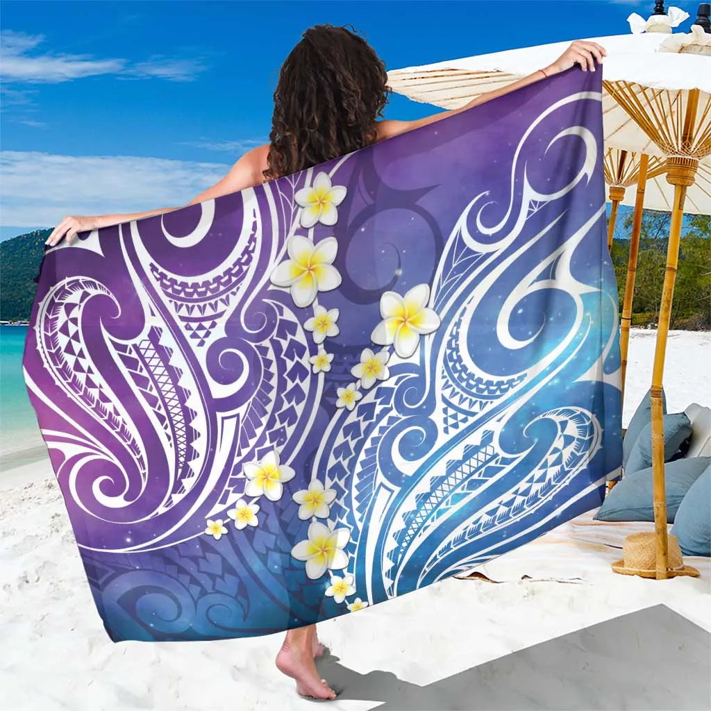 White Plumeria Polynesian Tattoo Mandala Floral Print Sarong Beach Wrap for Resort Hotel Wholesale Pareo - main view