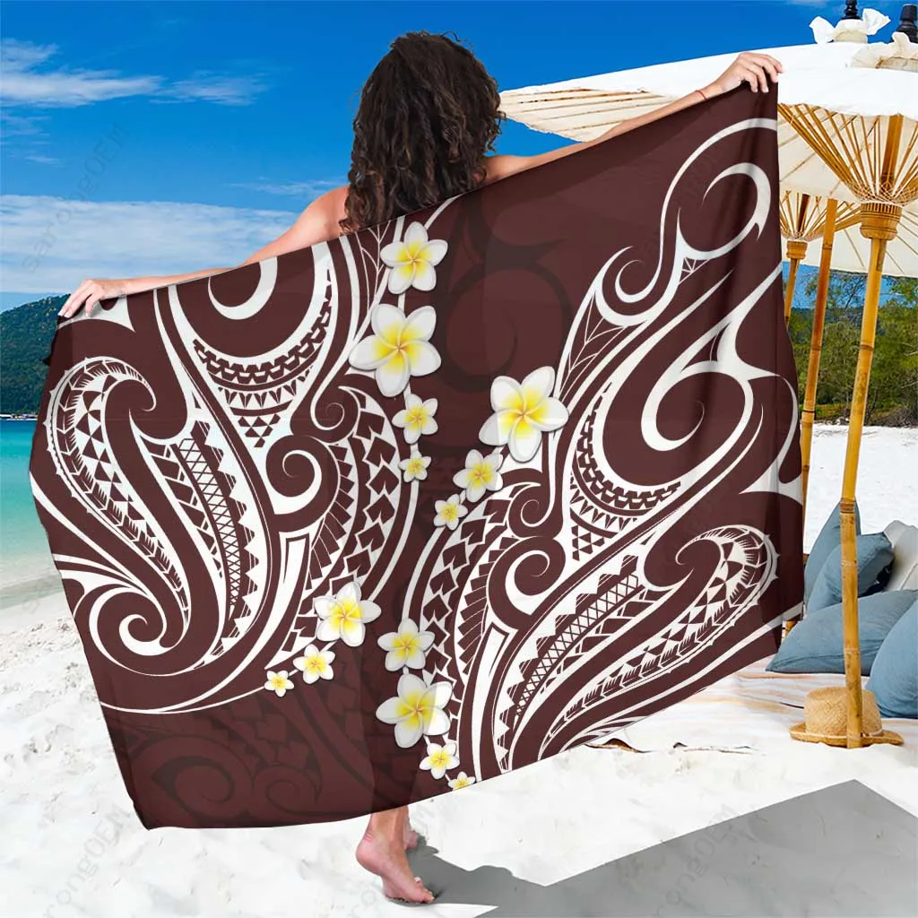 Oxblood Plumeria Polynesian Tattoo Pattern Sarong Tropical Beach Wrap Pareo for Resort Wholesale - main view